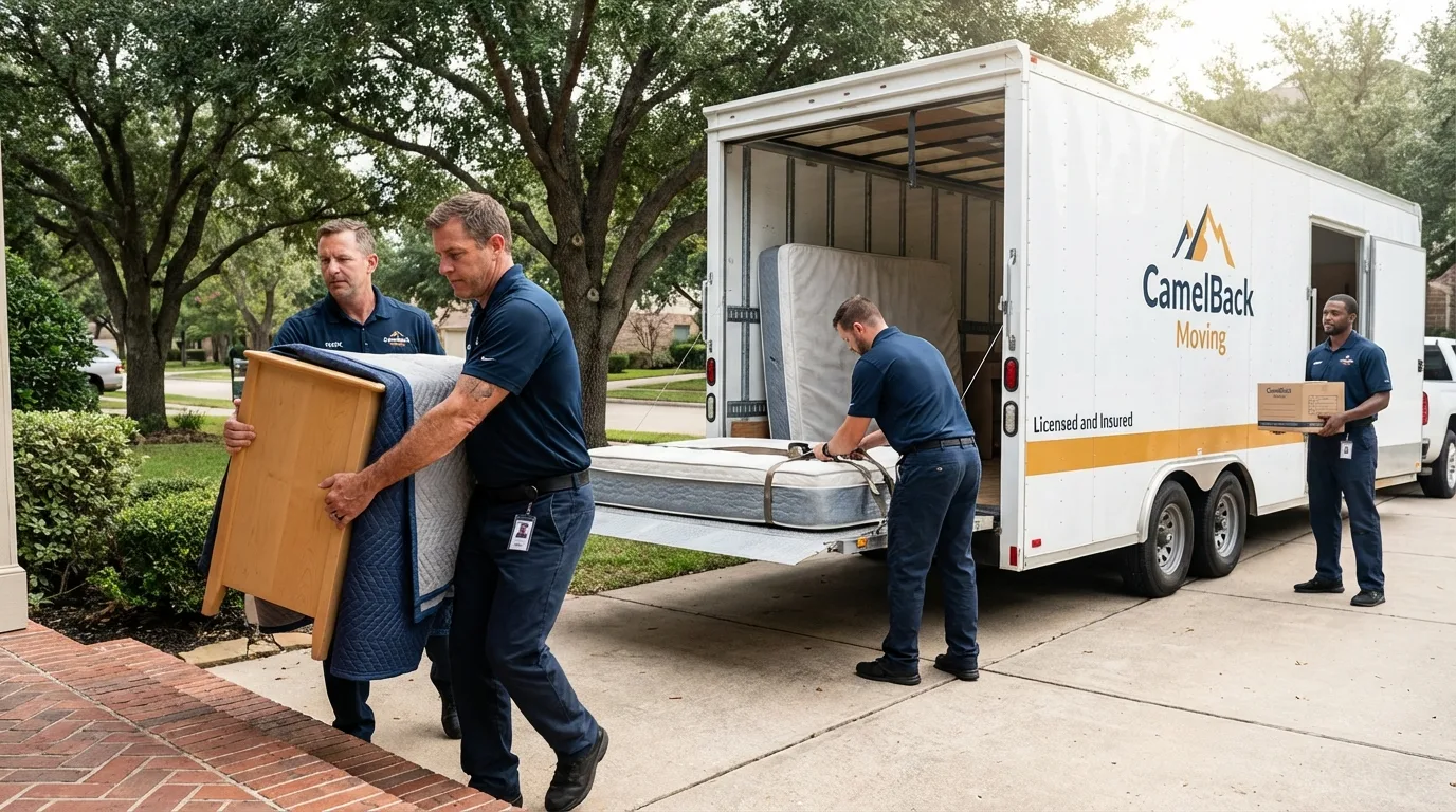 Crew loading residential truck for cross-state move from Baird, TX