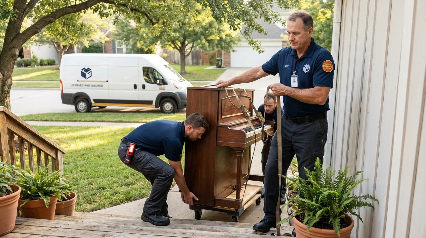 Licensed piano movers securing grand piano in Baird, TX