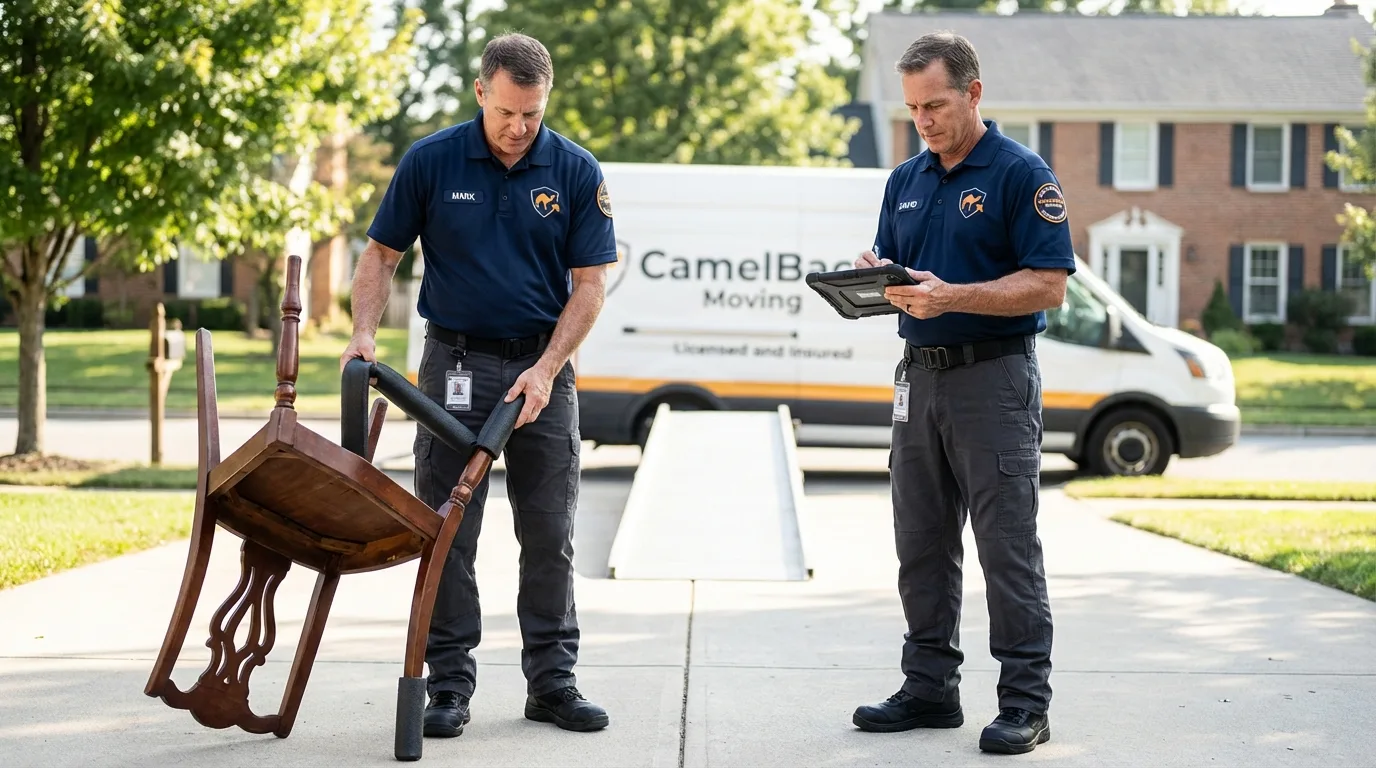 Movers inspecting furniture for damage prevention before loading in Baird, TX