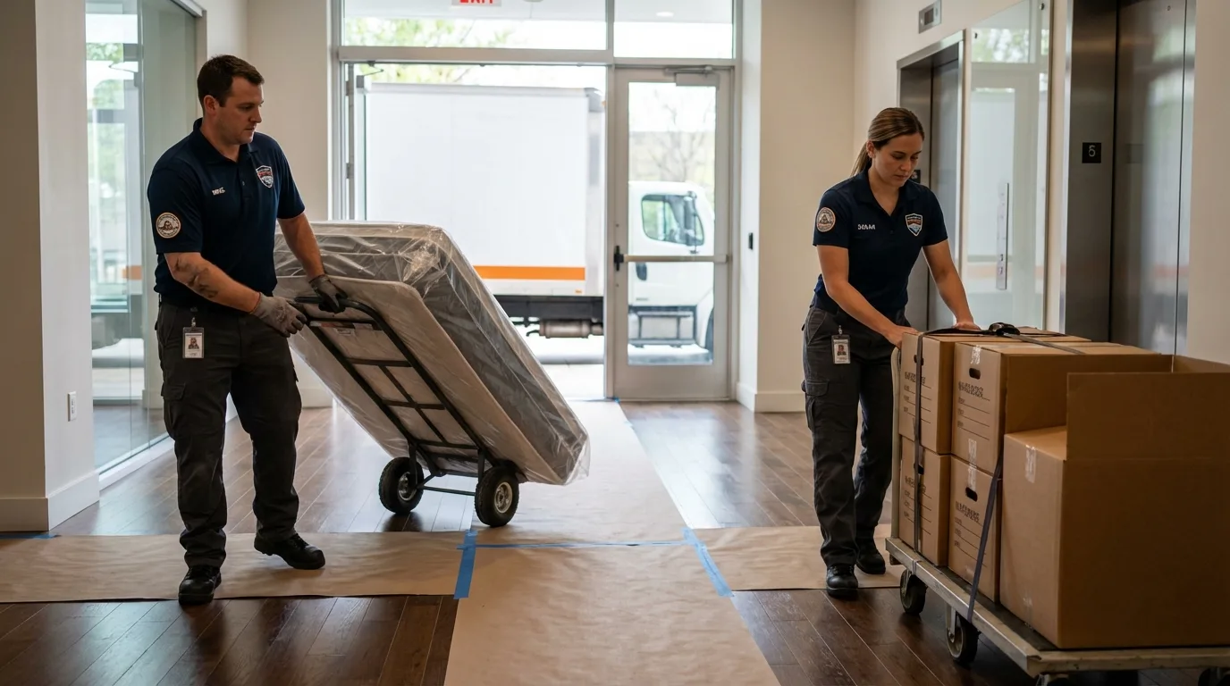 Professional apartment movers loading elevator in Baird, TX