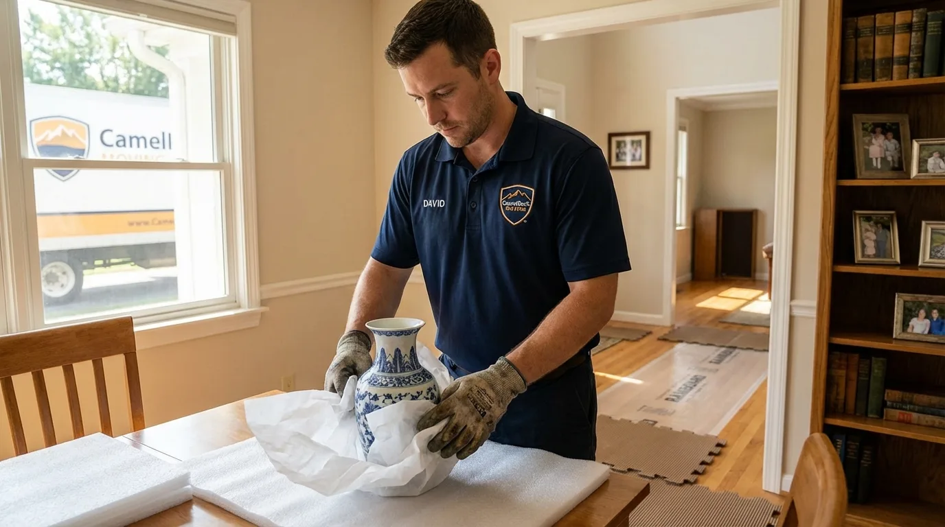 Professional crew carefully wrapping antique vase for senior downsizing move in Baird, TX